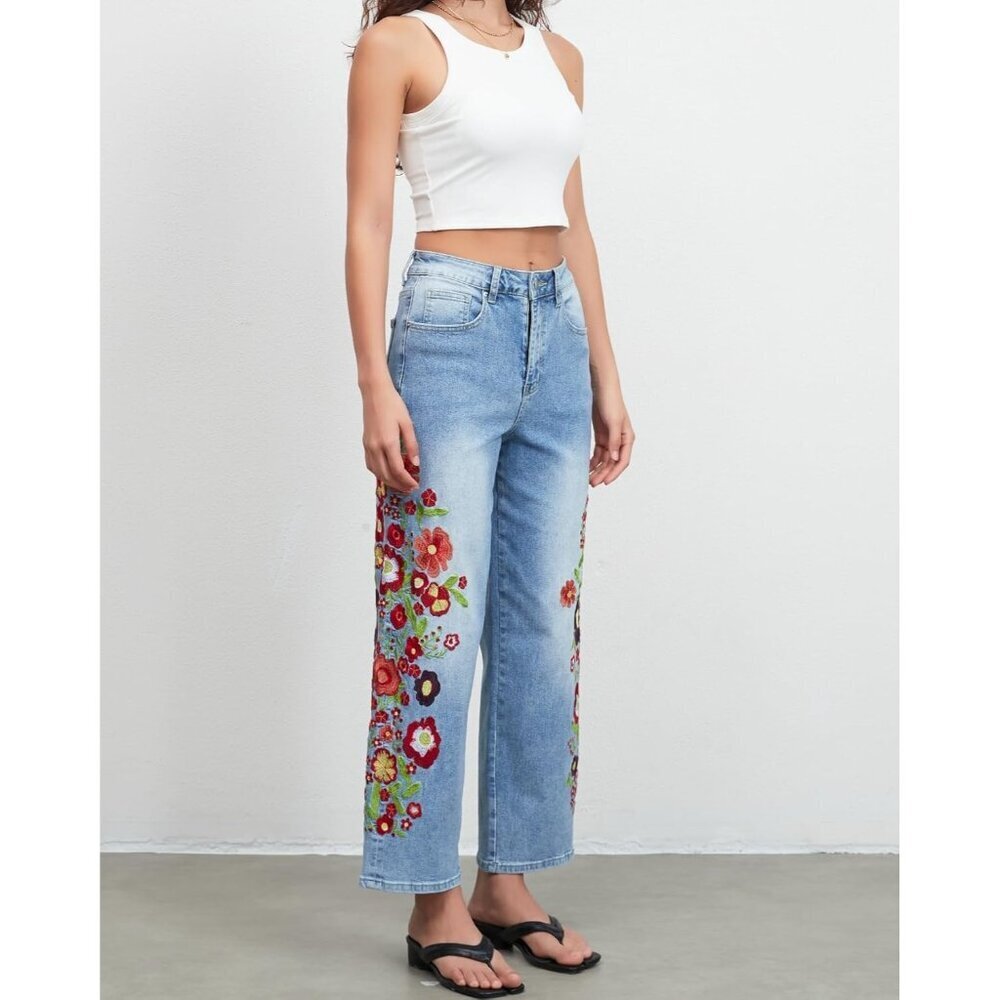 Women’s Cropped Denim Jeans Floral Print Mid Rise Straight Leg Casual - Picture 5 of 7